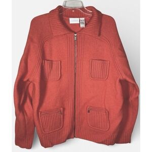 Liz Claiborne Wool Zip Sweater Jacket Women XL Burnt Orange Rib Knit